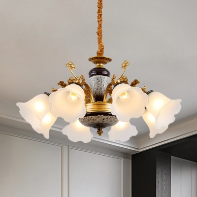 6/8/10-Head Ceramics Chandelier Light Floral Shade Milky Glass Ceiling Hang Fixture in Black and Gold