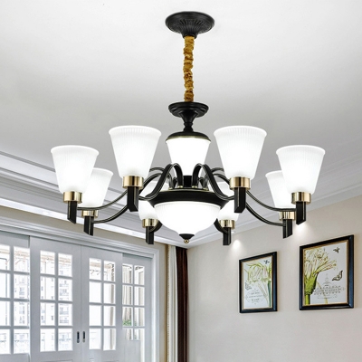 6/8 Lights Ceiling Chandelier with Up Bell Shade Cream Glass Traditional Living Room Pendulum Lamp in Black
