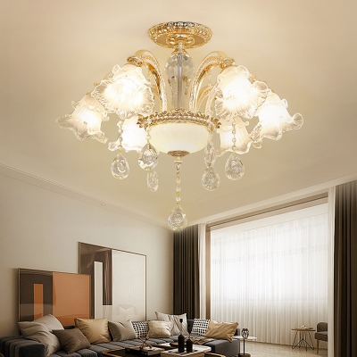 6-Bulb Ceiling Mount Chandelier Traditional Flower Clear Glass Semi Flush Mount with Cut K9 Crystal in Gold