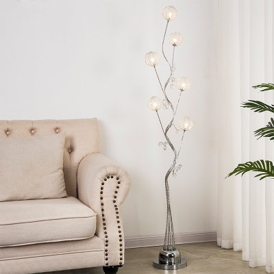 6 Bulbs Aluminum Wire Floor Lamp Art Deco Silver Finish Tree Living Room LED Floor Light with Orb Shade