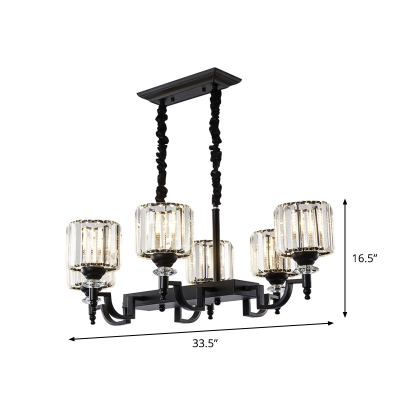 6 Lights Island Pendant Modern Dining Hall Hanging Lamp with Cylinder Crystal Shade in Black