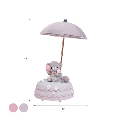 Bear Statue Bedside Table Lamp Resin LED Cartoon Night Stand Light with Dome Fabric Shade in Pink/Grey