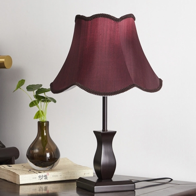 Beige/Burgundy Single Night Stand Light Retro Fabric Scalloped-Trim Flared Table Lamp for Living Room