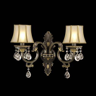 Black and Gold 2-Head Wall Lamp Traditional Frosted Glass Flared Sconce Light with Crystal Droplet