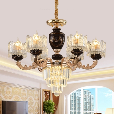 Black-Gold 6 Heads Chandelier Vintage Crystal Cup Shaped Hanging Light with Tapered Bottom