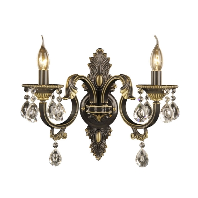 Black-Gold Candlestick Wall Sconce Rural Metal 2 Bulbs Living Room Wall Mount Lamp with Crystal Drops