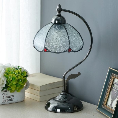 Black Gooseneck Table Light Antiqued Metal 1 Bulb Bedroom Night Lamp with Scalloped Seedy Glass Shade
