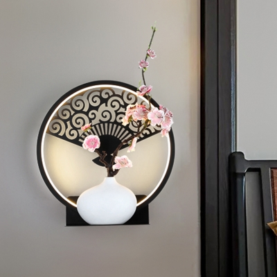 Black Ring Wall Lighting Idea Asian Style LED Metallic Wall Mural Lamp with Fan and Plum Blossom Decor, White/Warm Light