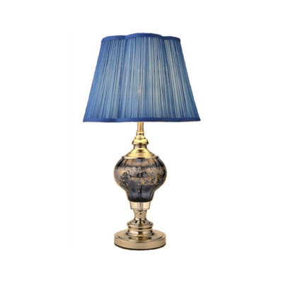 Blue 1 Bulb Nightstand Light Traditional Pleated Fabric Scalloped Shade Table Lamp