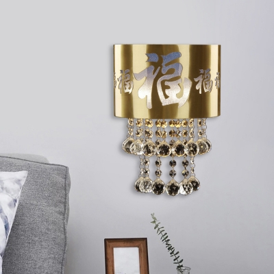Brass Half-Cylinder Flush Wall Sconce Rustic Metal 2 Bulbs Family Room Wall Light with Script and Crystal Orb Drops