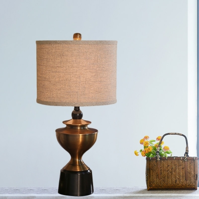 Bronze Finish Urn-Shape Nightstand Light Vintage Metal 1 Light Parlour Fabric Table Lamp