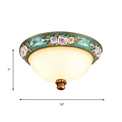 Carved Floral Bedroom Flush Mount Country Style Resin 3 Heads Green Flush Lamp Fixture