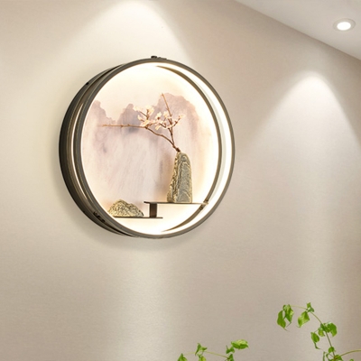 Chinese Plum Blossom and Mountain Mural Lamp Metallic LED Indoor Round Wall Light Sconce in Black