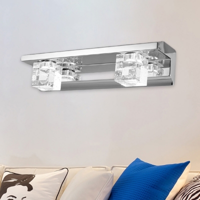 Clear Crystal Cube Vanity Light Fixture Simplicity 2/3 Lights Chrome Wall Sconce Lamp in White/Warm Light