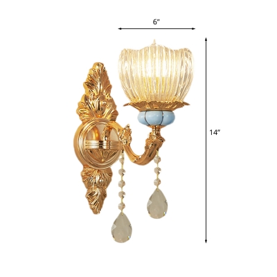 Clear Crystal Floral Wall Lighting Mid Century 1 Bulb Hallway Wall Mount Lamp Fixture in Gold