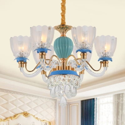 Clear Glass Scalloped Hanging Lamp Traditional 6 Bulbs Restaurant Chandelier in Blue with Crystal Drops