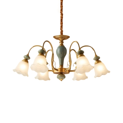 Country Style Floral Down Lighting 3/5/6 Heads Opal Frosted Glass Hanging Chandelier with Green Ceramics Detail in Brass