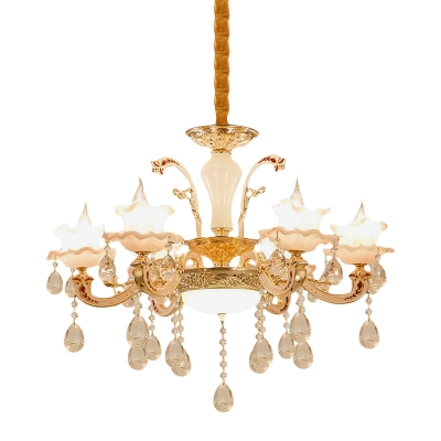 Crystal Flower Shade Chandelier Light Fixture Mid Century 6 Lights Gold Ceiling Suspension Lamp
