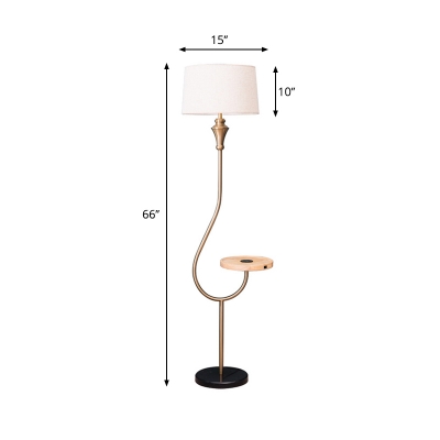 Drum Fabric Shade Floor Lamp Modernism Single Head Gold Finish Floor Light with Shelf