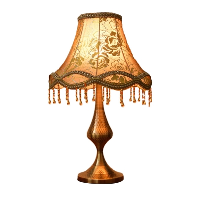 Fabric Bell Shade Embroidered Table Light Traditional 1-Light Living Room Night Lamp in Brass