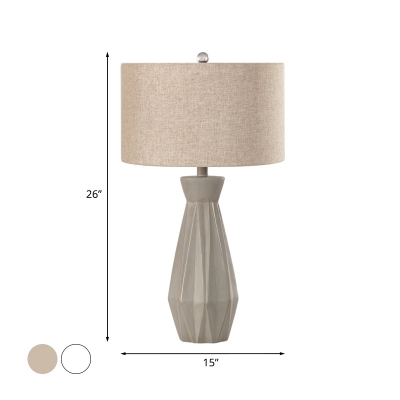 Fabric White/Beige Desk Lamp Drum Shade 1-Head Traditional Ceramics Night Table Lamp for Bedside