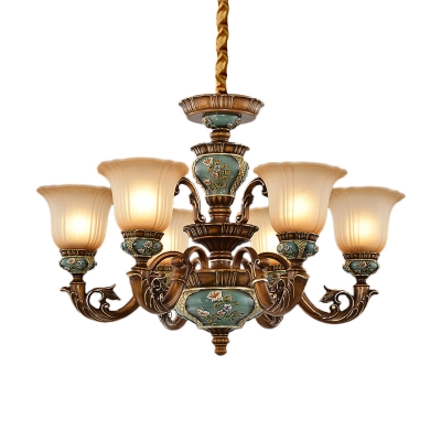 Floral Shade White Glass Pendant Traditional 6/8 Heads Living Room Ceramics Ceiling Chandelier in Brown