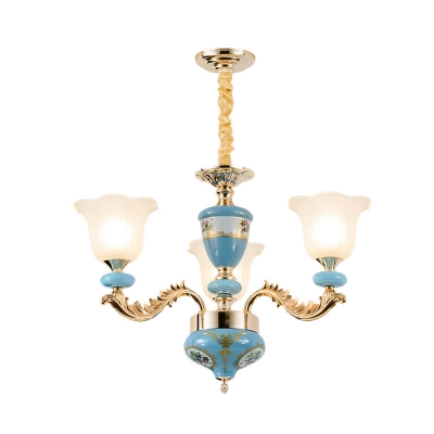 Flower Frosted White Glass Chandelier Traditional 3/6 Bulbs Dining Room Up Ceiling Hang Fixture in Blue and Gold