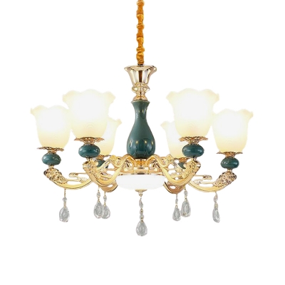 Frosted Glass Gold Hanging Chandelier Floral Shade 3/6 Heads Traditional Suspension Light with Green Ceramics Detail