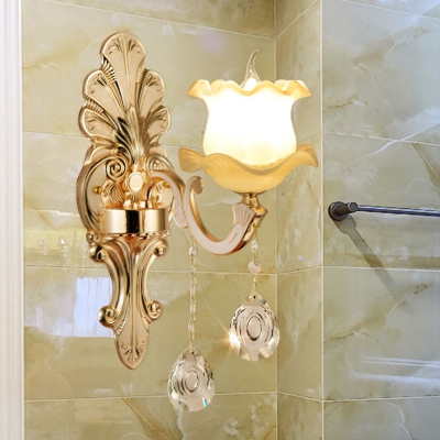 Gold 1/2-Light Wall Mount Lighting Mid-Century Ruffle Glass Flower Shade Wall Lamp Fixture for Hallway