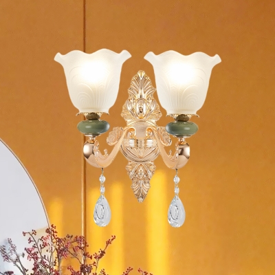 Gold Finish 1/2-Head Wall Mount Light Traditional Opal Glass Floral Shade Wall Lamp for Bedroom