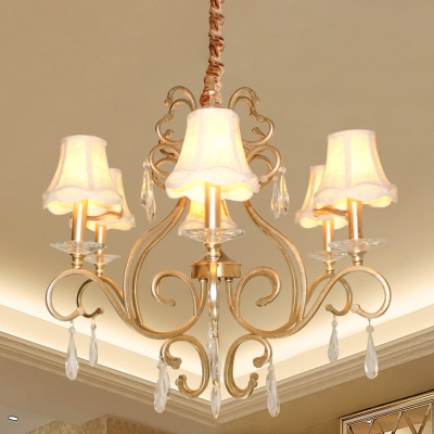 Gold Swirling Ceiling Chandelier Traditional Metal 6 Bulbs Lobby Pendant Light with Flared Fabric Shade