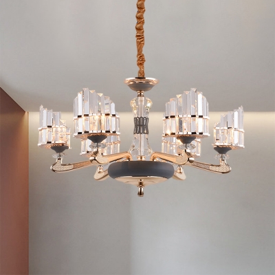 Half-Shade Crystal Prism Hanging Light Contemporary 6 Bulbs Dining Table Chandelier in Grey and Gold