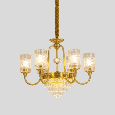 Layered Dining Room Pendant Lamp Traditional Crystal Prisms 6-Head Gold Chandelier with Cylinder Shade
