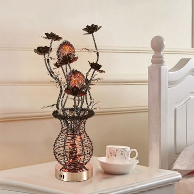 LED Nightstand Lighting Art Deco Floral and Vase Aluminum Wire Table Lamp in Black and Silver