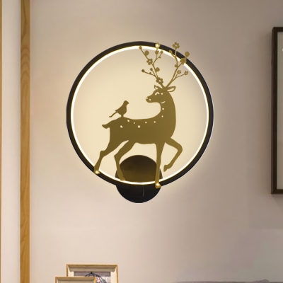 Living Room LED Wall Mural Light Asia Black and Gold Sconce Lighting with Deer/Elephant Metal Frame