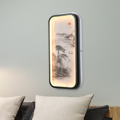Living Room LED Wall Mural Light Chinese Black Sconce Lighting with Foggy Valley/Sunset Mountain Print Acrylic Shade
