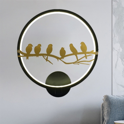 Metal Birds and Ring Wall Light Asian LED Wall Mounted Lamp in White/Black for Living Room