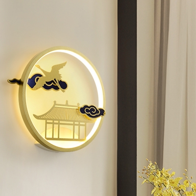 Metal House and Crane Mural Lighting Chinese Style LED Gold Wall Mounted Lamp Fixture