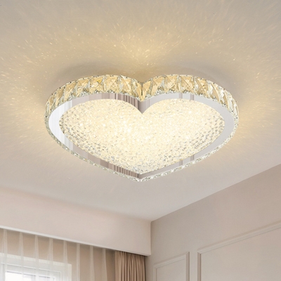 Minimalist Heart Shaped Flush Light Crystal LED Ceiling Mount Light Fixture in Stainless Steel