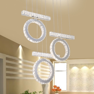 Modern Hoop and Linear Multiple Hanging Lamp Crystal Dining Room LED Pendulum Light in Chrome