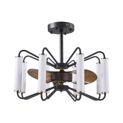 Modernism 8-Light Semi Flush Light with Acrylic Shade Black Tubular 3-Blade Hanging Fan Lamp in Black, 28