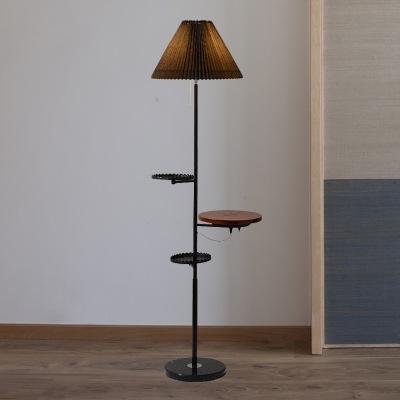 Plated Fabric Conic Stand Up Light Modern 1 Head Black Floor Standing Lamp with Shelves