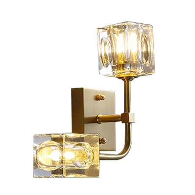 Post Modern 2-Head Wall Lamp Fixture with Crystal Shade Gold Finish Cube LED Wall Mounted Light