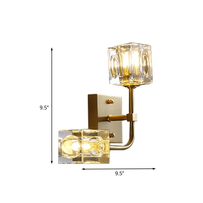 Post Modern 2-Head Wall Lamp Fixture with Crystal Shade Gold Finish Cube LED Wall Mounted Light