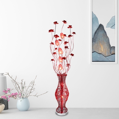 Red Lotus and Vase Floor Standing Light Art Deco Aluminum Wire Living Room LED Floor Lamp