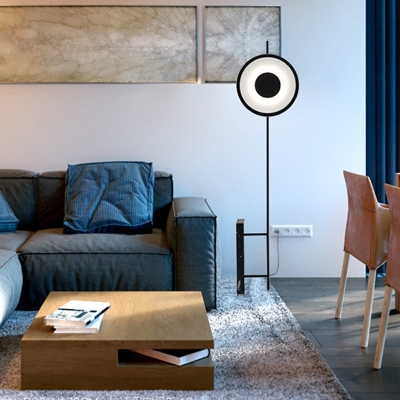 Round Drawing Room Standing Floor Light Metal LED Minimalist Floor Lamp in Black