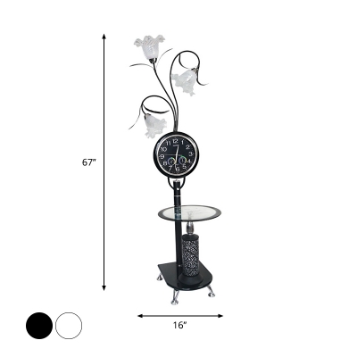 Ruffle Glass Flower Tree Standing Floor Lamp Countryside LED Bedroom Floor Table Light with Clock Deco in White/Black