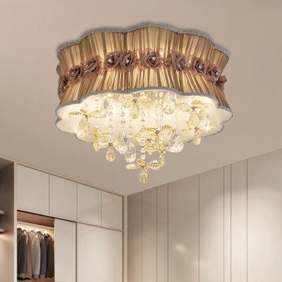 Scalloped Drum Flush Mount Lighting Modernist Plated Fabric 6-Light Pink/Coffee Flush Lamp with Flower Crystal Droplet