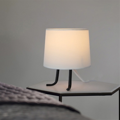 Single Bedroom Nightstand Light Modernist Flaxen/White Night Table Lamp with Barrel Fabric Shade