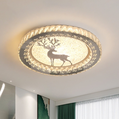 

Stainless Steel LED Flush Mounted Lamp Nordic Beveled Crystal Round Ceiling Fixture with Elk Pattern, HL642281